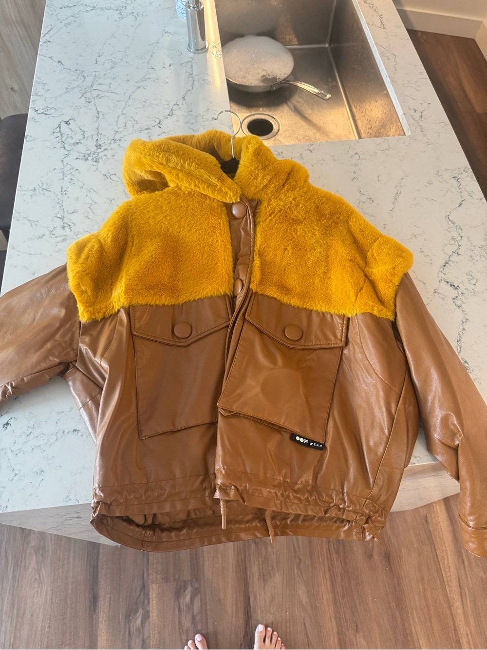 Faux Leather & Sherpa Hooded Jacket - Mustard Brown